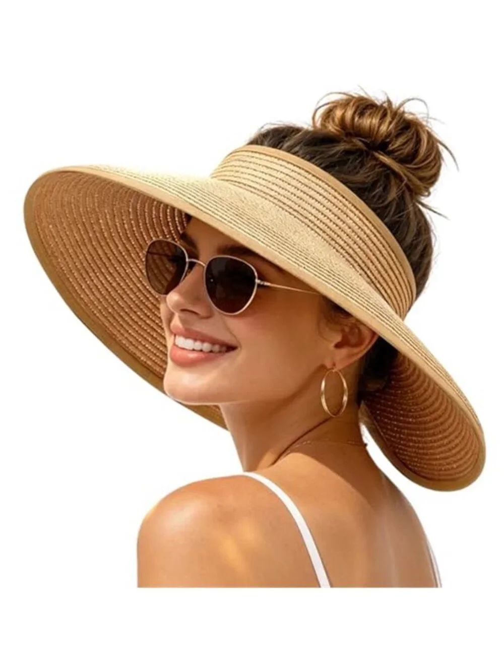 Sun Hats Visor for Women UV UPF Straw Beach Hat Foldable Wide Brim Ponytail